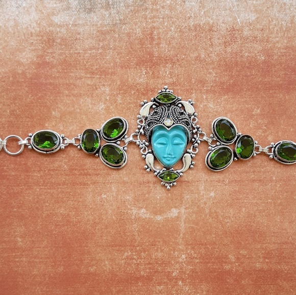 New Carved Goddess Face Peridot & Citrine 925 Silver Bracelet. - Picture 6 of 8